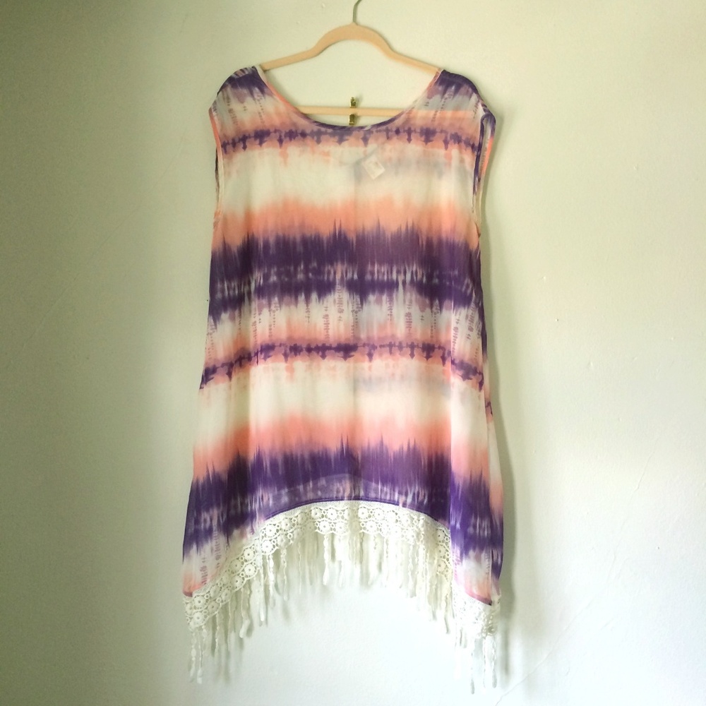 Arizona Jeans | Pink/Purple Chiffon Lace-Trim Tie-Dye Beach Swim Coverup Sz S
